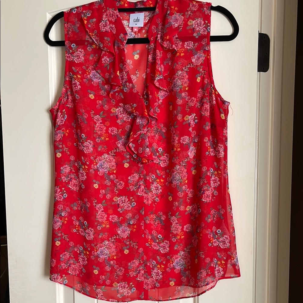 CAbi Red Ruffled Mandarin Collar Blouse - Picture 2 of 4
